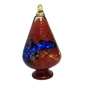 Blown Glass Footed Red and Blue Swirl Teardrop Hanging Decor